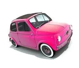 A photograph shows a cute little pink car with a sunroof.