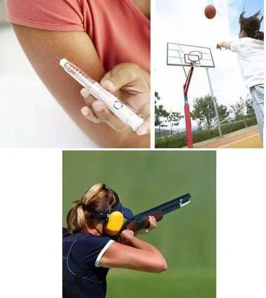 Three photographs: A person administers an insulin shot to their own arm. An athlete shoots a basketball into an outside basketball hoop. A competitor with ear protection fires a gun at a shooting range.