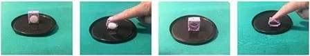 Various material samples each mounted on a black yogurt lid.
First: Small square of purple sponge with white foam cylindrical core
Second: Finger pressing from top down on previous sample
Third: Sample with core removed
Fourth: Finger pressing down on previous sample.