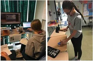 left: Students examine a de-calcified chicken bone sample using a force sensor and a microscopic camera.
right: A female student uses a rubber mallet and a punch set to make a cylindrical foam sample.