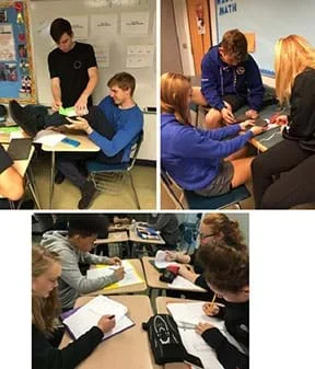 Top left: three male students build their shin guard prototype. One is documenting the process while one stands to hold it and a third student observes. Top right: two female and one male students use a glue gun on a foam shin guard.
Bottom: three female students and one male student sit and evaluate their shin guard in an engineering design notebook.