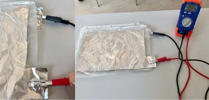A photograph shows one paper clip attached to each tin foil tail and a red or black alligator clip clipped to each paper clip. The alligator clips are shown attached to a capacitance meter.