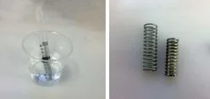 Two photos: (left) A spring placed inside a clear, plastic 20 ml syringe is filled partway with water and rests inside a clear plastic cup filled halfway with water so the bottom portion of the syringe is submerged. (right) Two metal springs, one 3 cm in length, the other 3.5 cm in length, with different diameters and thicknesses.