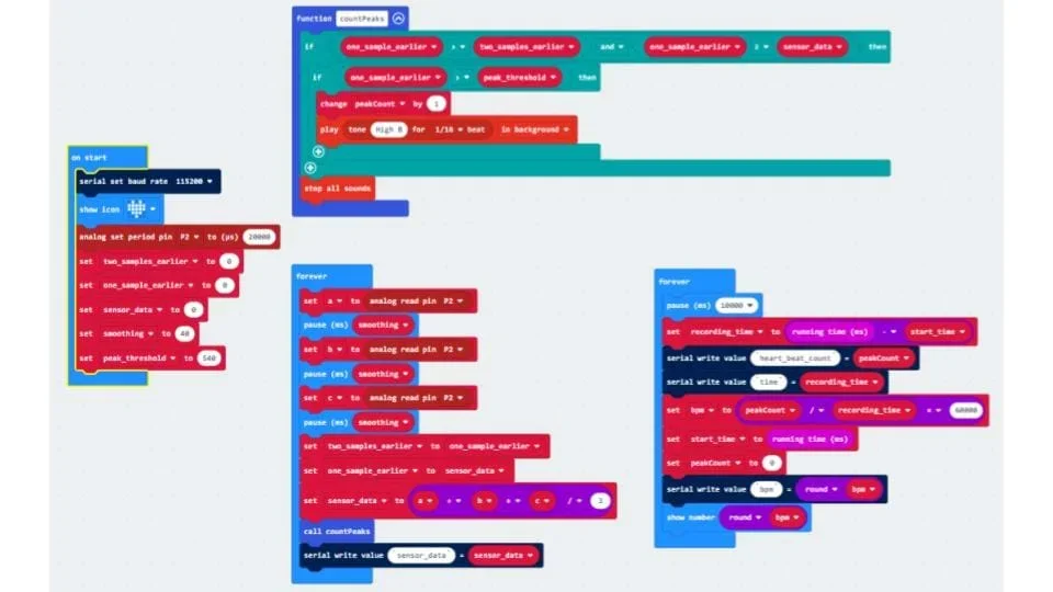 An image showing block code to be used to program the micro:bit to take readings from the pulse sensor.