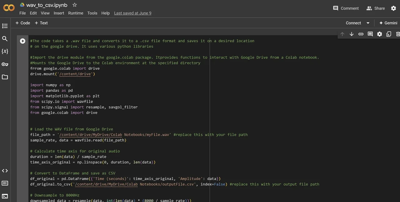 A screenshot of a Google Colab Jupyter notebook with Python code for data conversion.