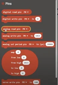 A screenshot of sample code for the micro:bit showing the different read pins available and which one to choose (highlighter in yellow “analog read pin p0).