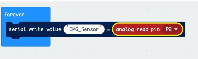 A screenshot of a micro:bit program showing all the blocks needed to connect the micro:bit to the muscle sensor.