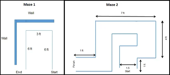 Line drawings show the shapes and dimensions of two mazes. Maze 1 is a u-shaped route (6 ft, turn left, 3 ft, turn left, 6 ft) in a room corner so two walls become part of the maze. Maze 2 is more complex with a 1.5-ft wide route that turns right-left-left-left-right and fits into a 5 x 8-ft area.