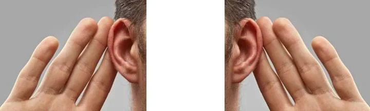 Two identical but inverted photos shows open an open hand placed behind each ear, as if to help direct sound waves into the ears.