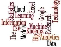 A “Wordle” graphic shows 16 related words scattered about with different orientations. The words are: information, statistics, cloud, learning, excel, CVS, the, models, big analytics, data, machine, knoema, google, research, technology.
