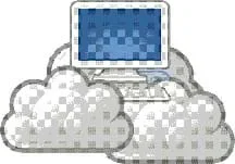 A graphic image shows a computer monitor and keyboard resting in a few fluffy white and gray clouds.