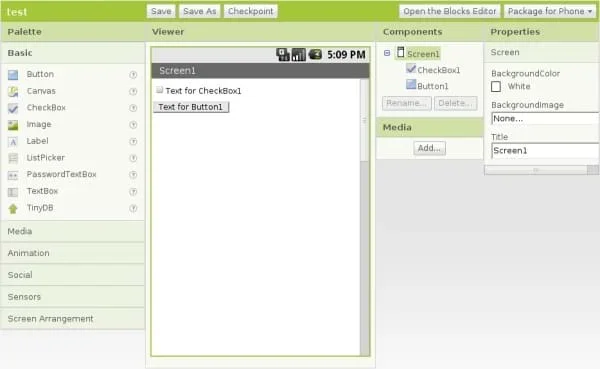 A screen capture image shows the App Inventor user interface. Along the left side Palette column, the Basic menu is expanded to display the following options: Button, Canvas, CheckBox, Image, Label, ListPicker, PasswordTextBox, TextBox, and TinyDB. Other menus in this column include Media, Animation, Social, Sensors, and Screen Arrangement. In this center of the user interface is a white space entitled Screen1. In the top left, it reads "Text for CheckBox1" and below in a box: "Text for Button1". On the right side there are two columns: Components and Properties.