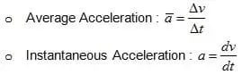 Average acceleration is equal to the change in velocity divided by the change in time. Instantaneous acceleration is equal to the instantaneous rate of change of the velocity divided by time.