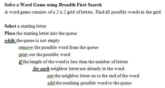 A word game consists of a 2 x 2 grid of letters. Find all possible words in the grid. Select a starting letter. Place the starting letter into the queue. While the queue is not empty, remove the possible word from the queue, print out the possible word if the length of the word is less than the number of letters. For each neighbor letter not already in the word, put the neighbor letter onto the end of the word, add the resulting possible word to the queue.