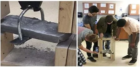 Two photographs show a silver/gray-toned composite block clamped down with two pieces of wood being tested in a classroom setting.
