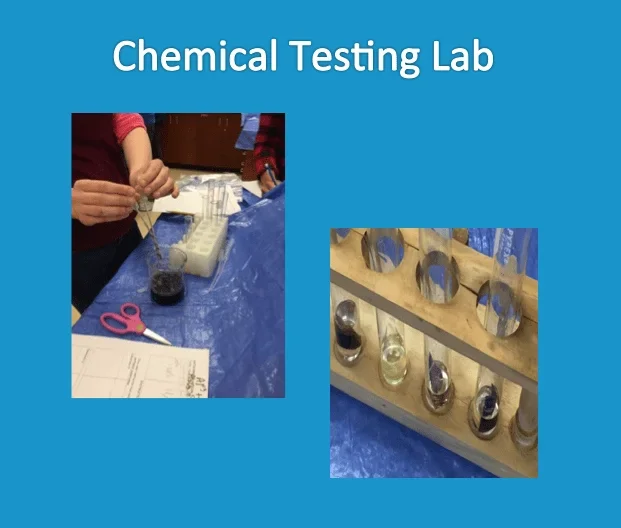 Two images show students labeling and testing substrates in a laboratory setting.