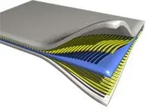 A drawing of an example composite material, with one corner spread open to reveal the five layers of three different materials that compose it.