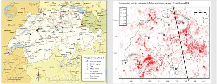 Two side-by-side photographs showing maps of Switzerland (left) and detailed Switzerland seismic activity (right).