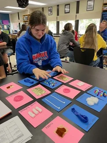 A student plays a game with matching cards. The game is designed to be a way to teach similar and different.