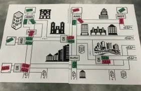 A photo showing the printout of City Layout 1 - Version A with red and green trucks.