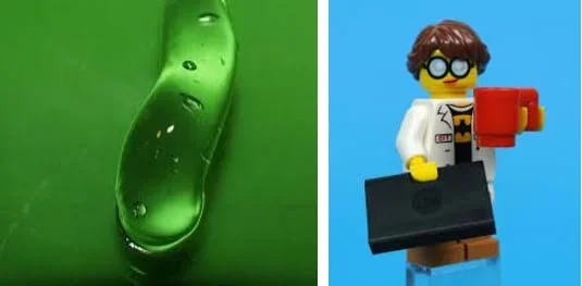 (left) A gelatinous clear blob of slime on a green background (right) A LEGO figure dressed as a researcher wearing a lab coat and holding a laptop computer.