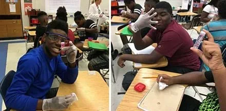 Two pictures of students proudly holding their 3D printing projects.