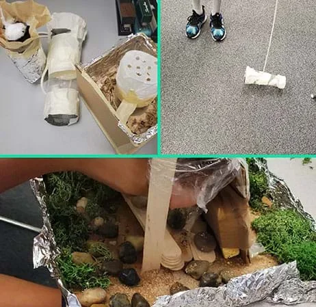 A collage of photos showing students’ prototypes before testing begins.