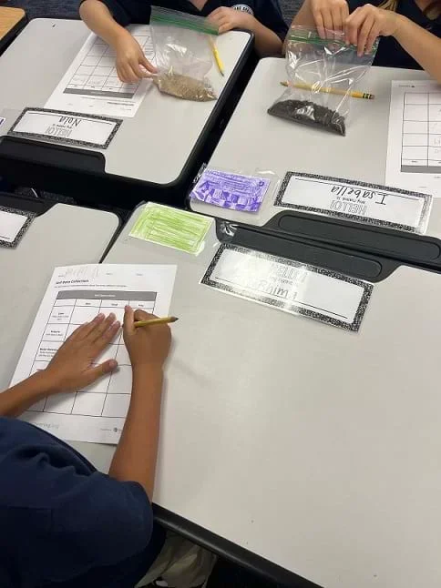 Students make soil observations and write it down on their observation charts.