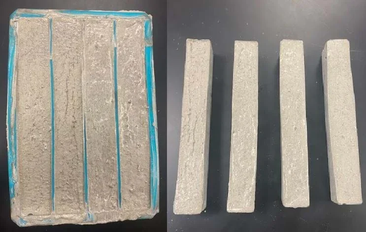 The left side of the image shows the concrete samples inside silicone ice molds. The right side of the image shows what the samples look like once they have been removed from the molds. Each mold makes Four samples total at a time.