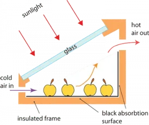 A diagram of a direct type dryer, with a cabinet, a compartment, and a glass roof.