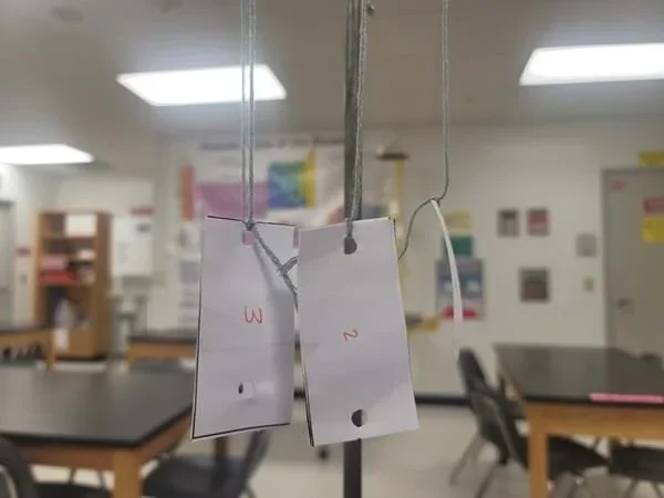 Photo of paper strips labeled “3” and “2” hanging from the ring stand.