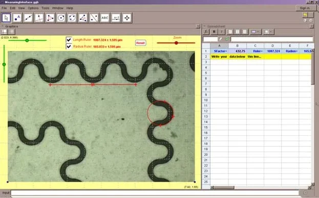 A screen capture shows the interface developed in GeoGebra 4.4.40.0 to simulate measures taken with NIS-Elements imaging software.
