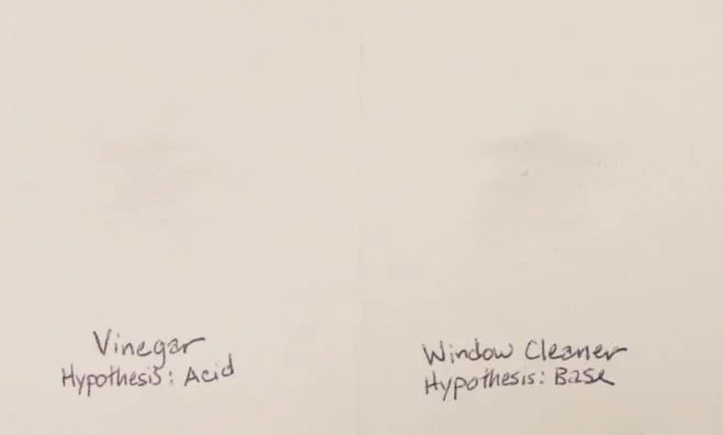 A blank card showing the words "vinegar," "hypothesis: acid," and "window cleaner," "hypothesis: base."