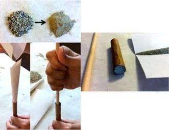Three photographs: Two small piles of cat litter, before and after being ground. Hands use a roll of paper like a funnel to pour the fine litter into the cylinder of brown paper (the rocket body), and then use a wooden dowel to pack it down firmly. This creates a plug at the base of the rocket body.