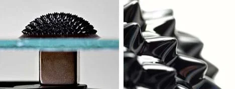 Two photos: Side view shows a glass plate on a cube-shaped magnet. On the glass, a domed and spiked shiny black material. And, a close-up of the spikes.