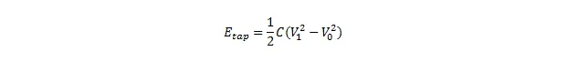 The equation for determining the energy stored for each tap or press on the piezo element: energy is equal to one-half times the capacitance times the difference between the voltage before the tap squared and the voltage after the tap squared.