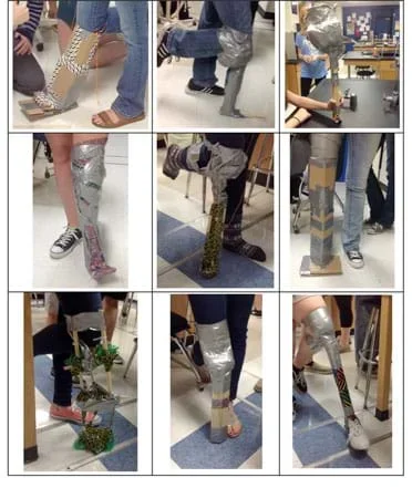 Nine photographs show examples of the replacement knee-to-foot limbs made from cardboard, duct tape, string, wood and zip ties. The prostheses are attached to bent knees using tape and/or string.