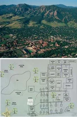Two images: A drawing shows a town layout that includes homes, roads, city services and bobcat territory. An aerial photo shows a roads and buildings of a city surrounded by open space and mountains.