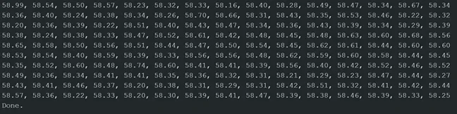 A screenshot of data from a decibel measurement experiment, showing a long list of numerical readings in decibels (dB), indicating the fluctuating sound levels recorded over time.