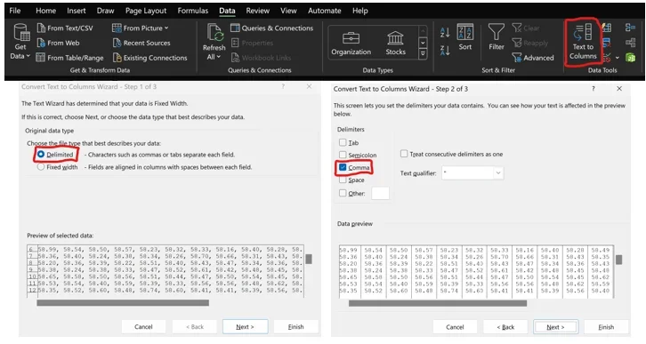 Screenshots showing the Excel commands to disperse the data into Excel via comma delimited formatting.