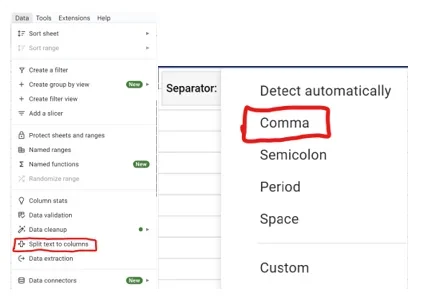 Screenshots showing the GoogleSheets commands to disperse the data into GoogleSheets via comma delimited formatting.