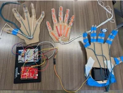 A photo of three cardboard hand designs, along with an Arduino circuit board, sitting on a table. The hands are connected by wires to the circuit.
