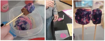 A three-panel photo of treats being dipped and dried.