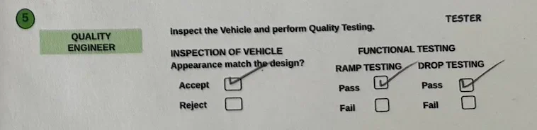 A screenshot of a Customer Order Form with the quality test outcomes section complete.