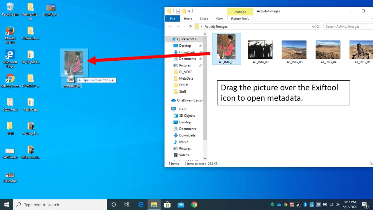 A computer screenshot of an image being dragged on top of the ExifTool desktop icon.