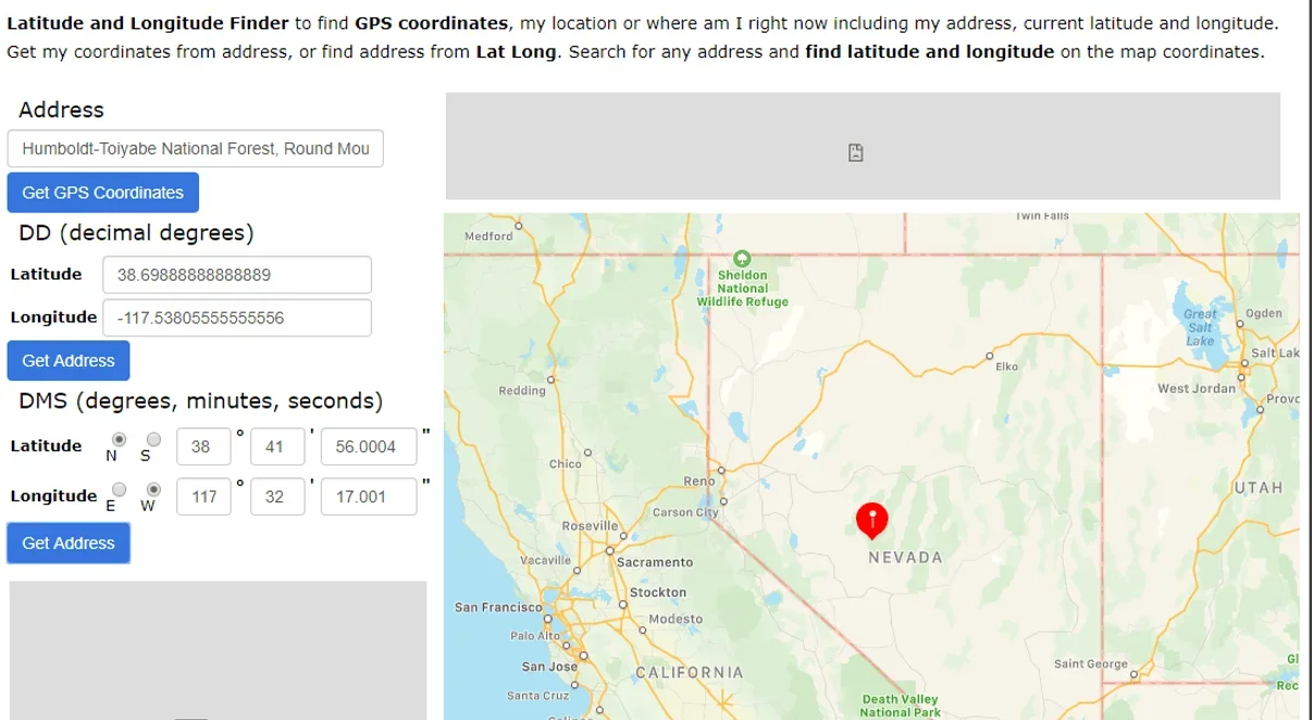 A computer screen shot of the GPS Coordinates website with data input for a physical location.