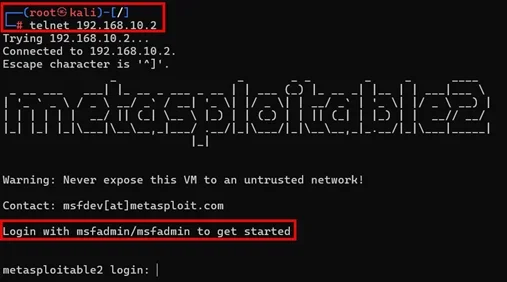 A screenshot of a Kali Linux terminal running  the command telnet 192.168.10.2. The screen displays a successful connection to a Metasploitable2 virtual machine, including its ASCII-art banner. A warning message advises not to expose the VM to an untrusted network. Below the banner, highlighted text instructs users to log in with the default credentials “msfadmin/msfadmin.” At the bottom, the login prompt reads: “metasploitable2 login:”.
