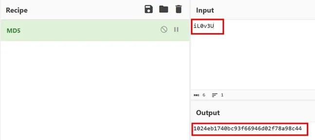 A screenshot of a web-based hashing tool, likely CyberChef, showing an MD5 hash calculation. The input "iL0v3U" is shown, and the resulting MD5 hash "1024eb1740bc93f66946d02f78a98c44" is displayed in the output field.