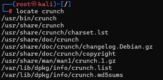 A screenshot of a Kali Linux terminal showing the output of the locate crunch command, which lists all file paths associated with the crunch wordlist generator tool.