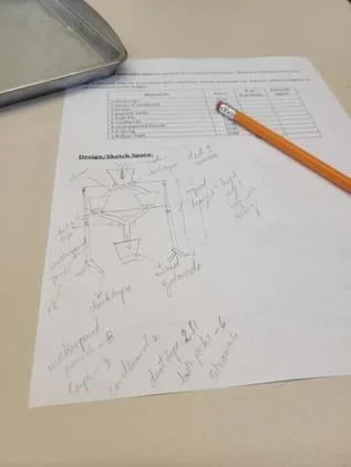 A photo of a piece of paper with a sketch drawing and a pencil on top of it.